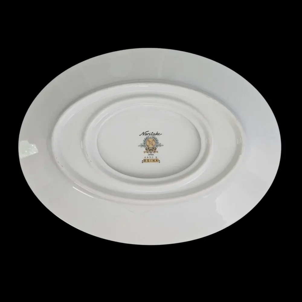 Noritake Reina 6450 Gravy Boat w Attached Underplate White Floral Platinum Trim